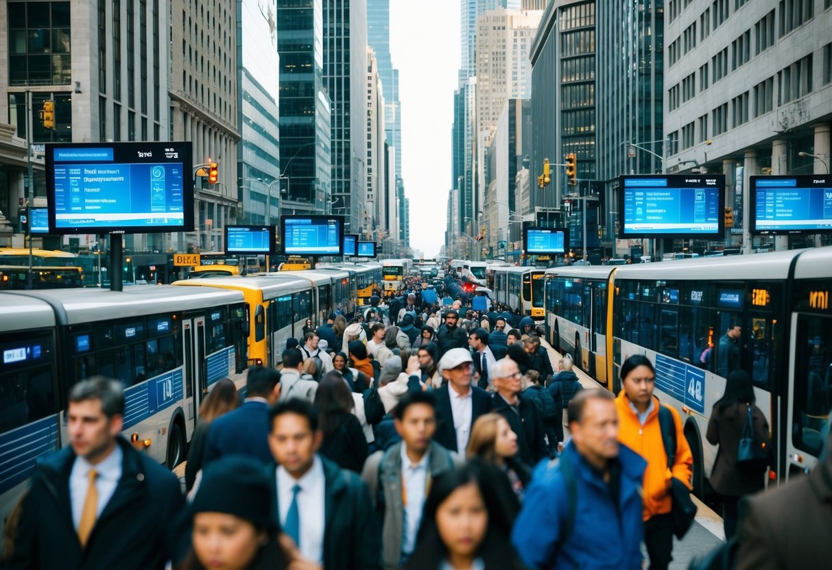 Une rue animée de la ville avec des bus, des trains et des navetteurs. Des écrans numériques affichent des informations de transport en temps réel. Un trafic dense et des personnes se déplaçant dans toute la scène.