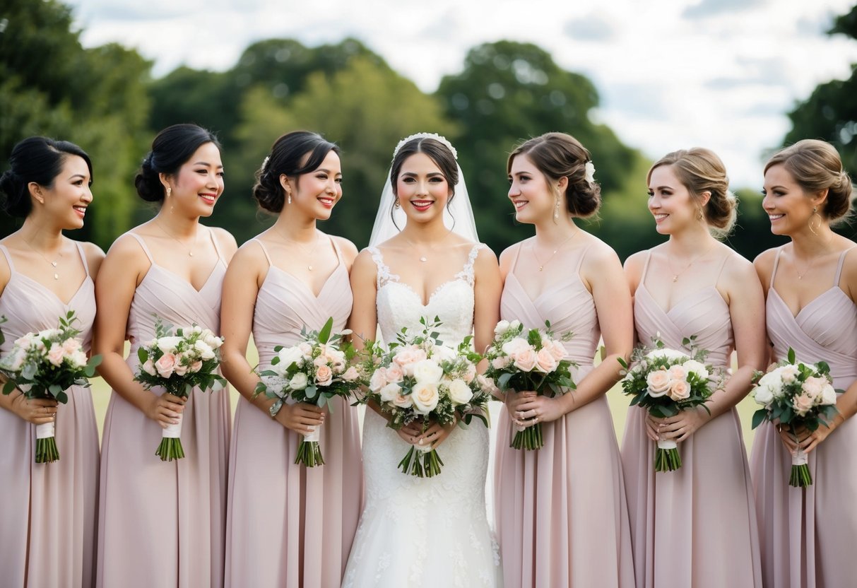A group of bridesmaids standing in a row, holding bouquets and wearing matching dresses, with the bride in the center