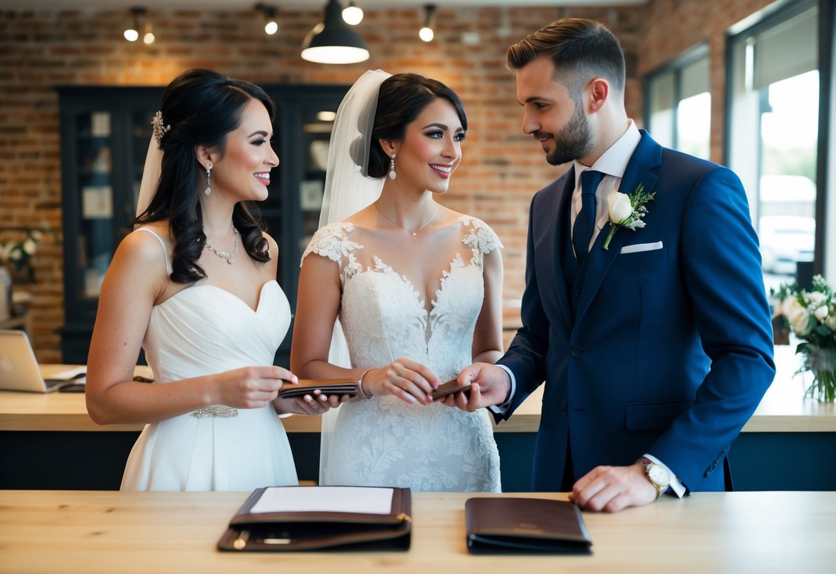 A bride and groom stand at a tailor's shop counter, discussing a suit while holding a wallet and wedding planning binder