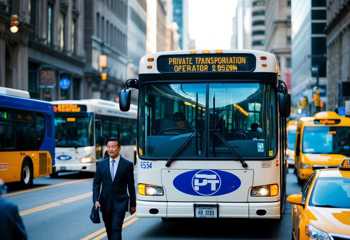 Une rue animée de la ville avec des bus, des taxis et des piétons. Le logo d'un opérateur de transport privé est affiché en évidence sur le côté d'un bus.