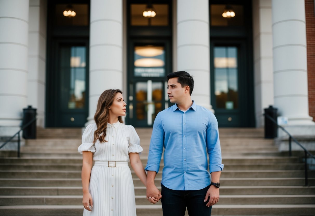 A couple standing in front of a government office, holding hands and looking worried