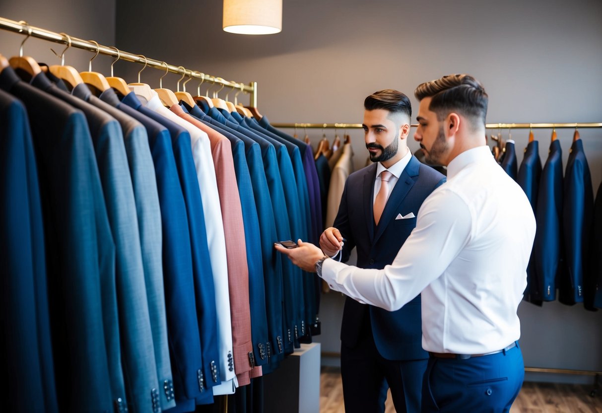A row of tailored suits in various colors and styles displayed on racks in a boutique. A salesperson assists a customer in choosing the perfect suit for the groom
