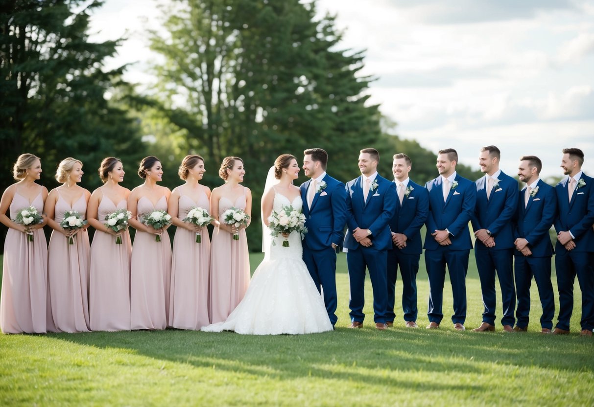 A group of bridesmaids and groomsmen standing in a line, with an equal number on each side of the bride and groom