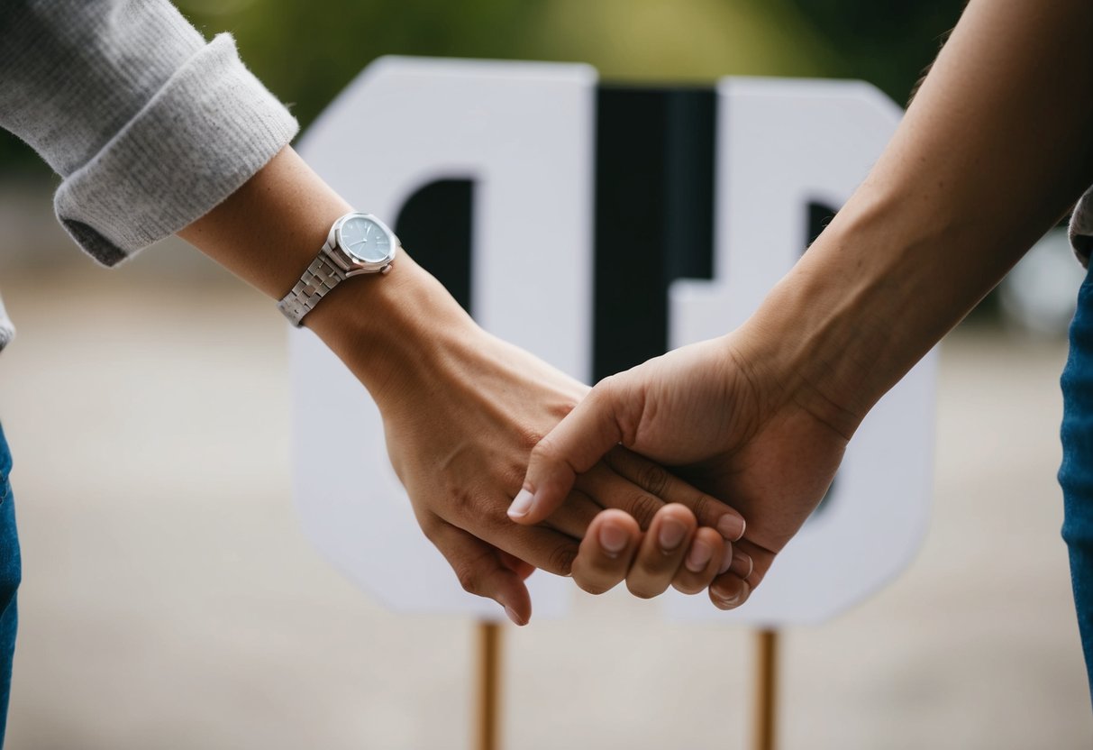A couple holding hands, with a PIP letter in the background