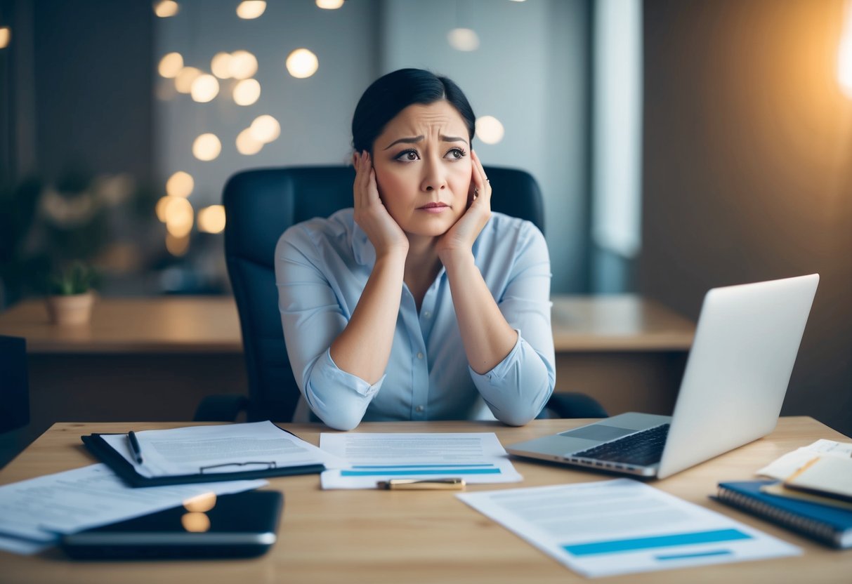 A person sitting at a desk, surrounded by paperwork and a laptop, looking concerned and uncertain while contemplating the question "will I lose my PIP if I get married?"