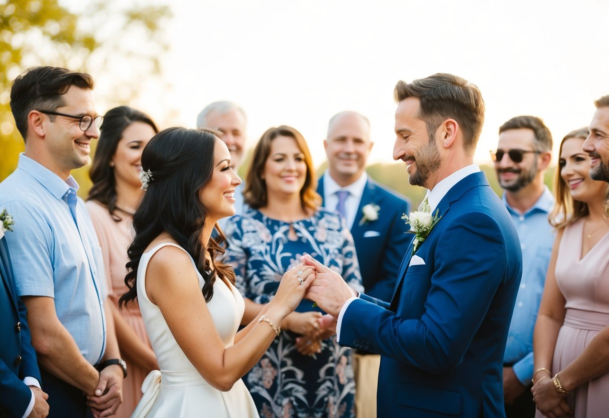 A couple exchanging wedding rings with a supportive group of friends and family surrounding them