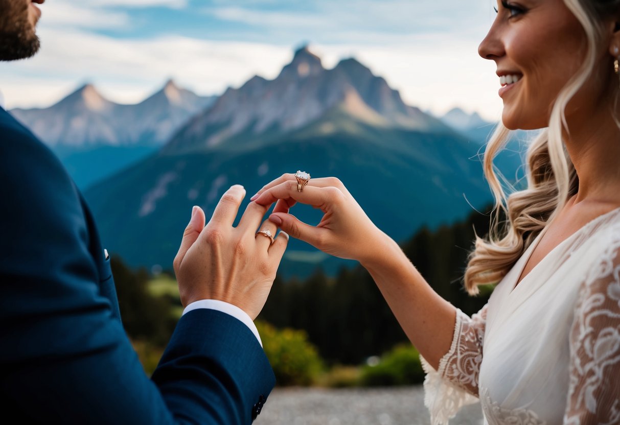 A man places a gold wedding ring on a woman's finger as they stand in front of a picturesque mountain backdrop