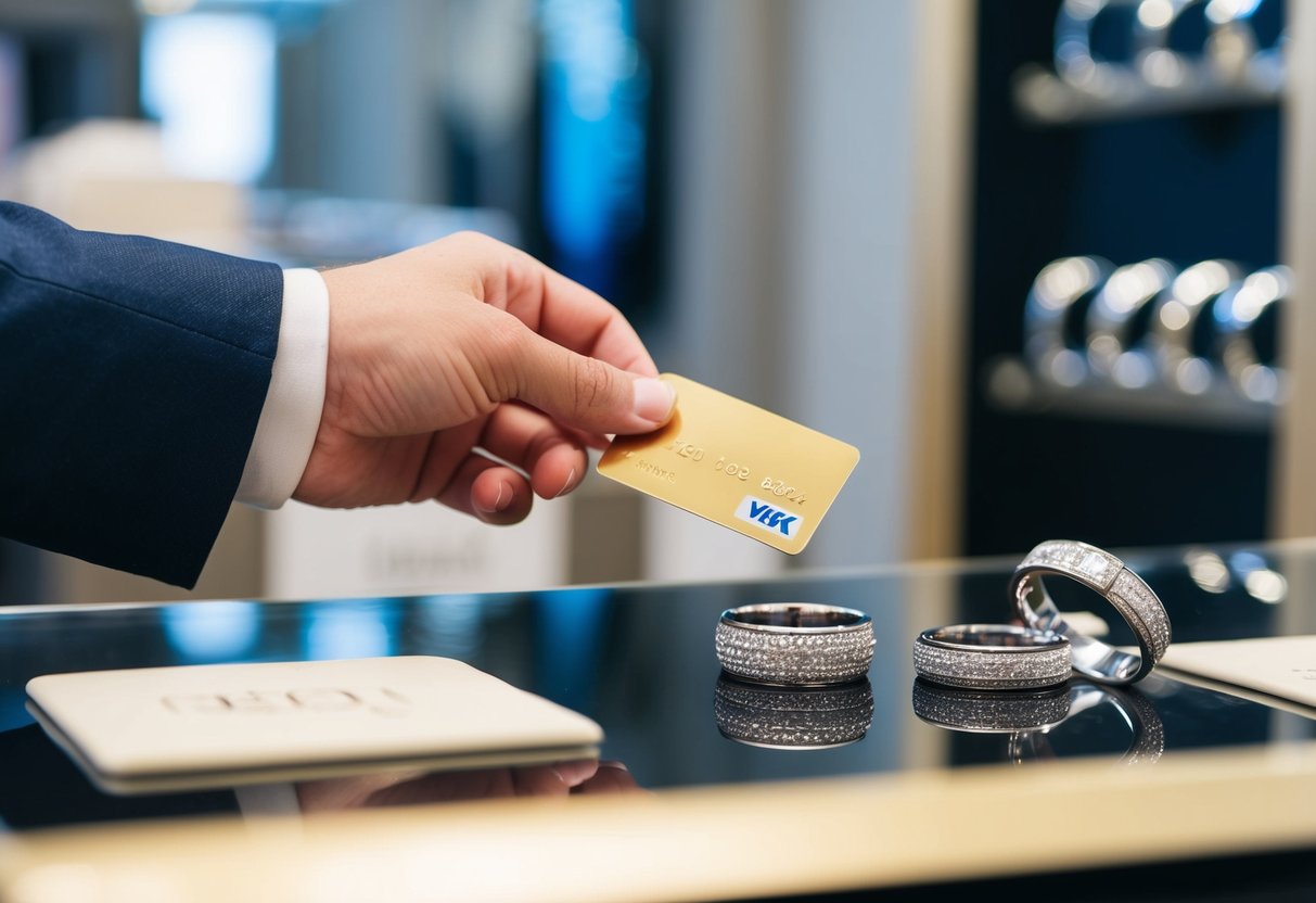 A hand places a credit card on a jewelry store counter, next to a display of men's wedding bands