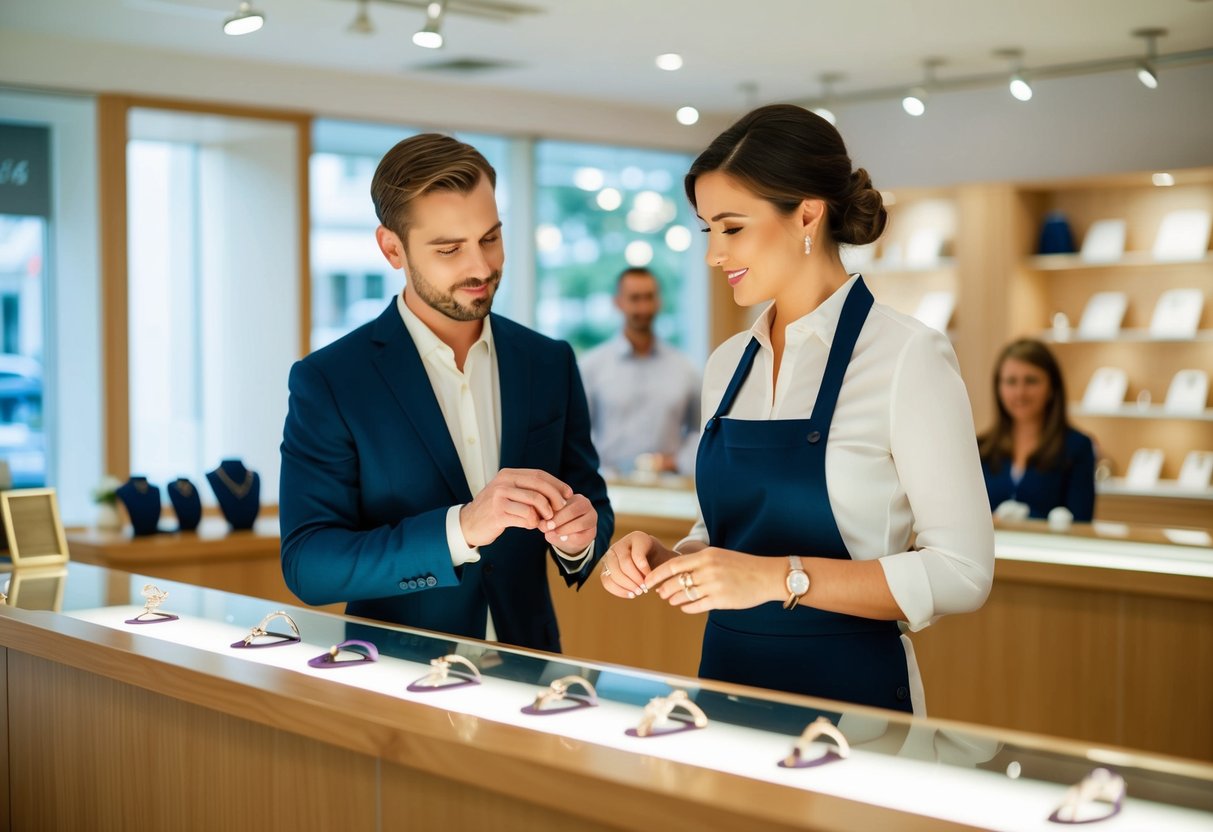A couple standing at a jewelry shop counter, discussing wedding ring options with a salesperson