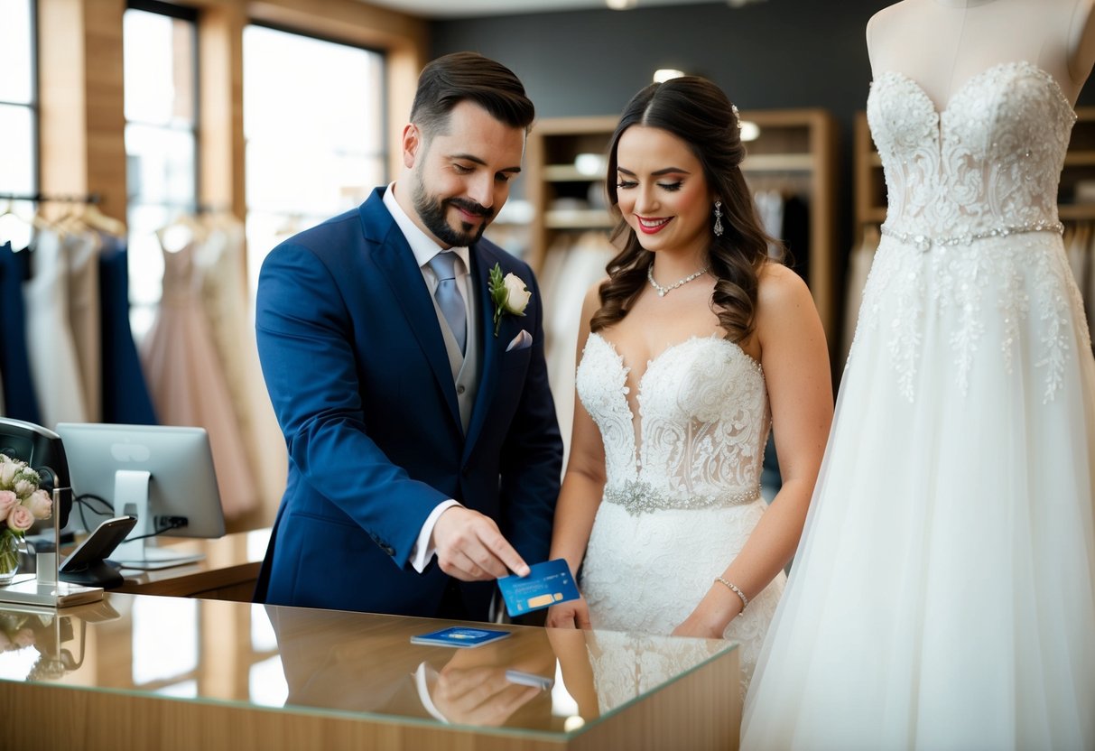 A man placing a credit card on a counter while a woman tries on a wedding dress in a boutique