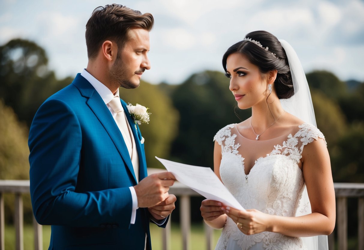 A bride and groom discussing wedding finances, with the bride holding a wedding dress and the groom looking unsure