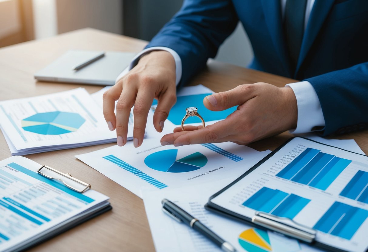 A couple's hands reaching for a wedding ring on a table, surrounded by modern financial documents and a shared budget spreadsheet