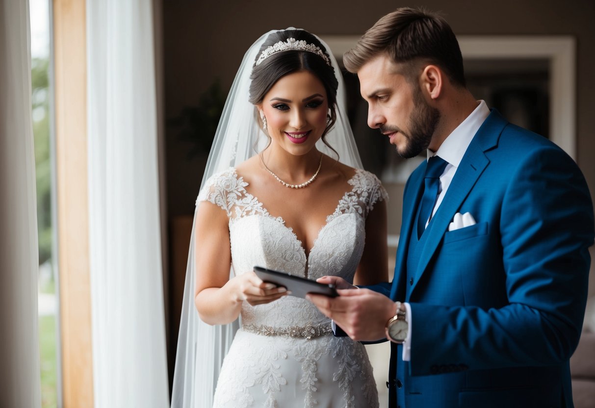 A bride-to-be and her partner discussing wedding expenses, with a focus on the cost of the wedding dress