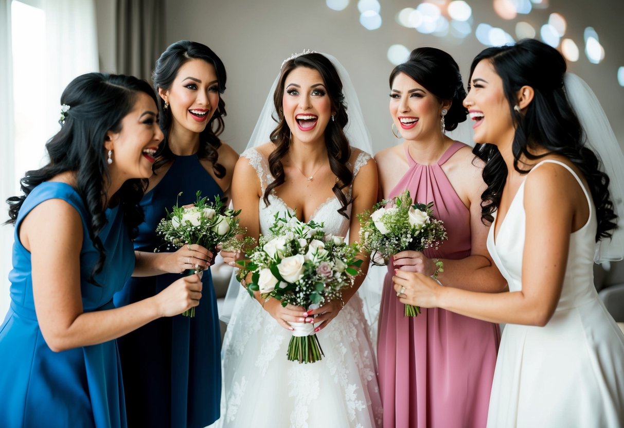 A bride-to-be excitedly presents a bouquet to her closest friends, asking them to be her bridesmaids