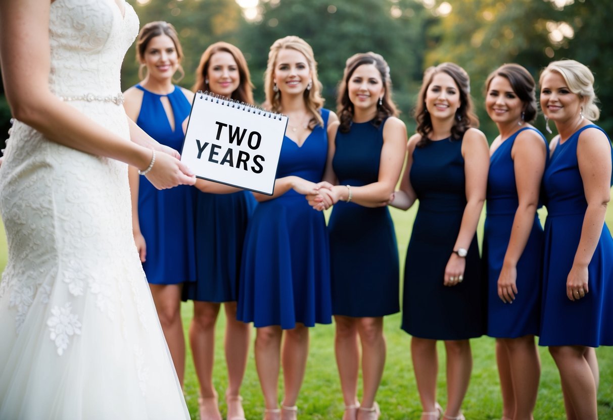 A bride holds a calendar, marking the date two years in advance. A group of women stand together, smiling and holding hands