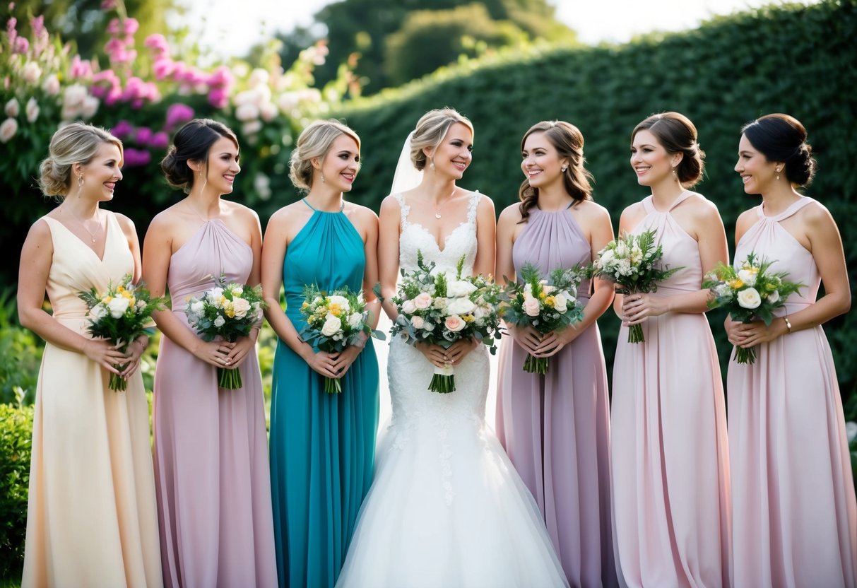 Seven bridesmaids in mismatched dresses pose in a garden, holding bouquets. They stand in a line, smiling and chatting, with a picturesque backdrop of flowers and greenery