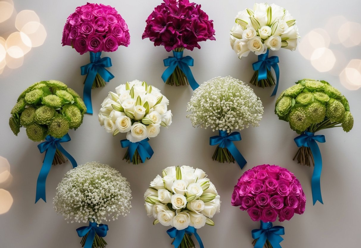 A group of seven identical bouquets arranged in a semi-circle, each with a different colored ribbon, set against a neutral background