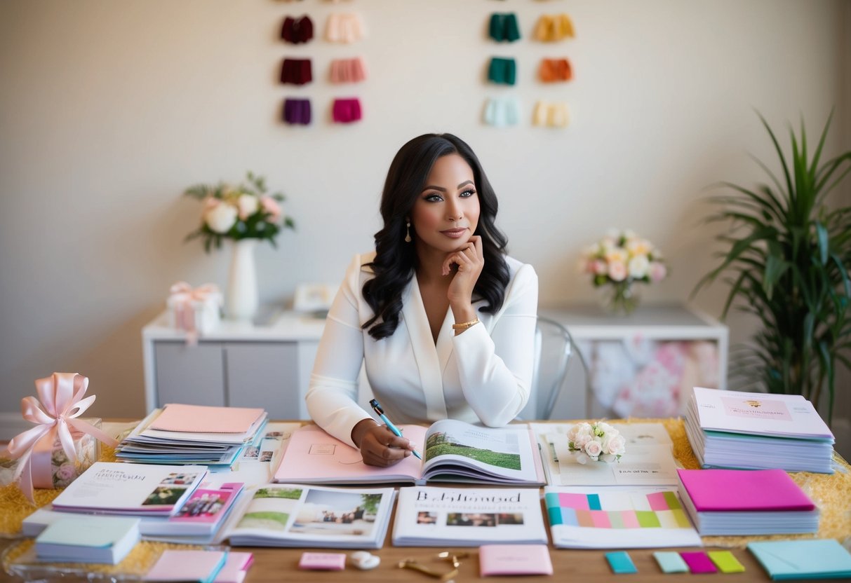 A woman sits at a desk covered in wedding magazines and stationary, surrounded by colorful swatches and ribbons. She holds a pen and looks contemplative as she considers her bridesmaid proposal plans