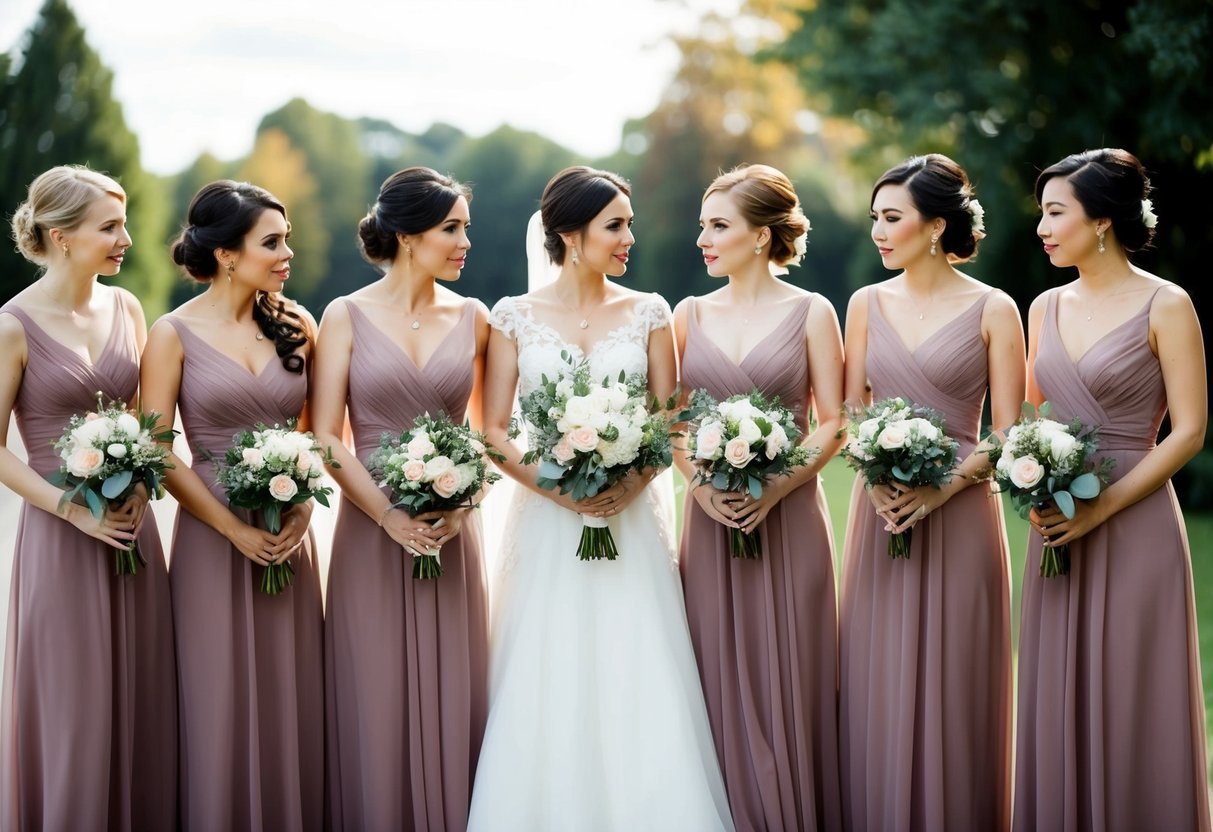 Seven bridesmaids standing in a row, each holding a bouquet. They are dressed in matching dresses and appear to be discussing something