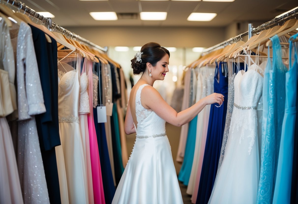 A bride browsing through racks of wedding dresses at a rental shop, comparing prices and styles
