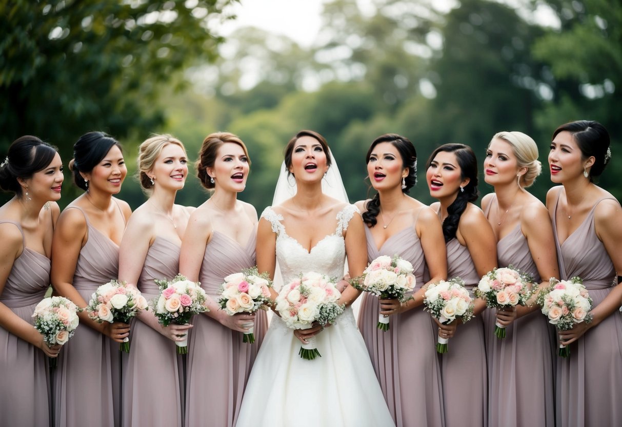 A group of 7 bridesmaids standing in a line, each holding a bouquet of flowers, with a bride in the center looking overwhelmed