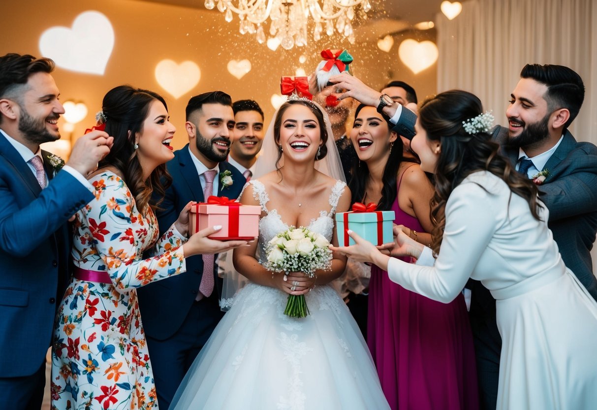 A group of friends gather around the blushing bride, showering her with love and gifts in a festive and celebratory atmosphere
