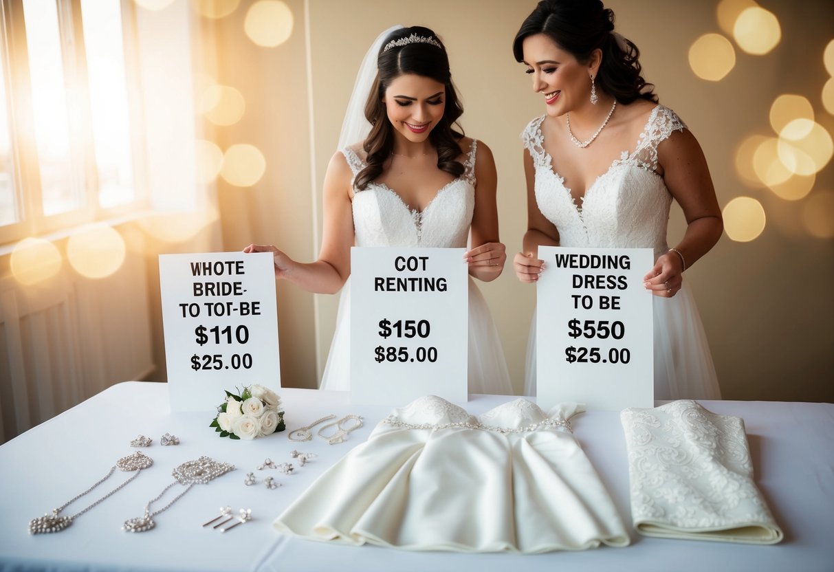 A bride-to-be comparing the cost of renting a wedding dress with various accessories laid out on a table