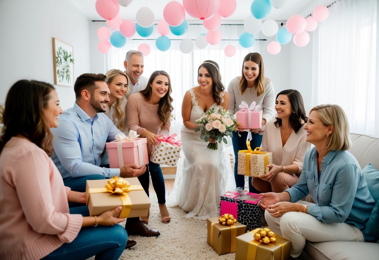 A group of friends and family gather to celebrate the bride, bringing gifts and decorations for a bridal shower