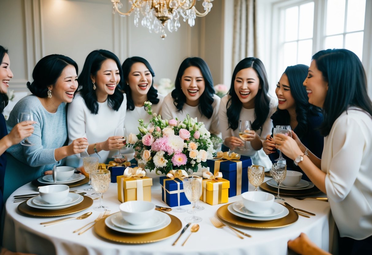 A table set with elegant dishes, flowers, and gifts, with a group of women gathered around, laughing and celebrating