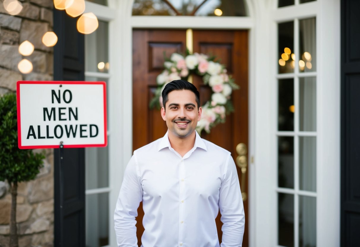 A man standing in front of a bridal shower venue with a "No Men Allowed" sign