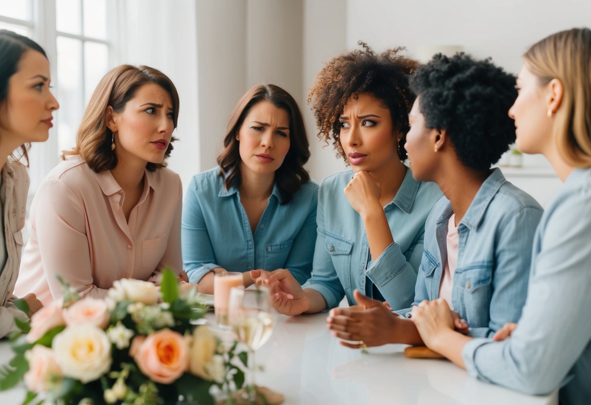 A group of friends discussing bridal shower plans, with one person looking uncomfortable as they are told they should not host the event