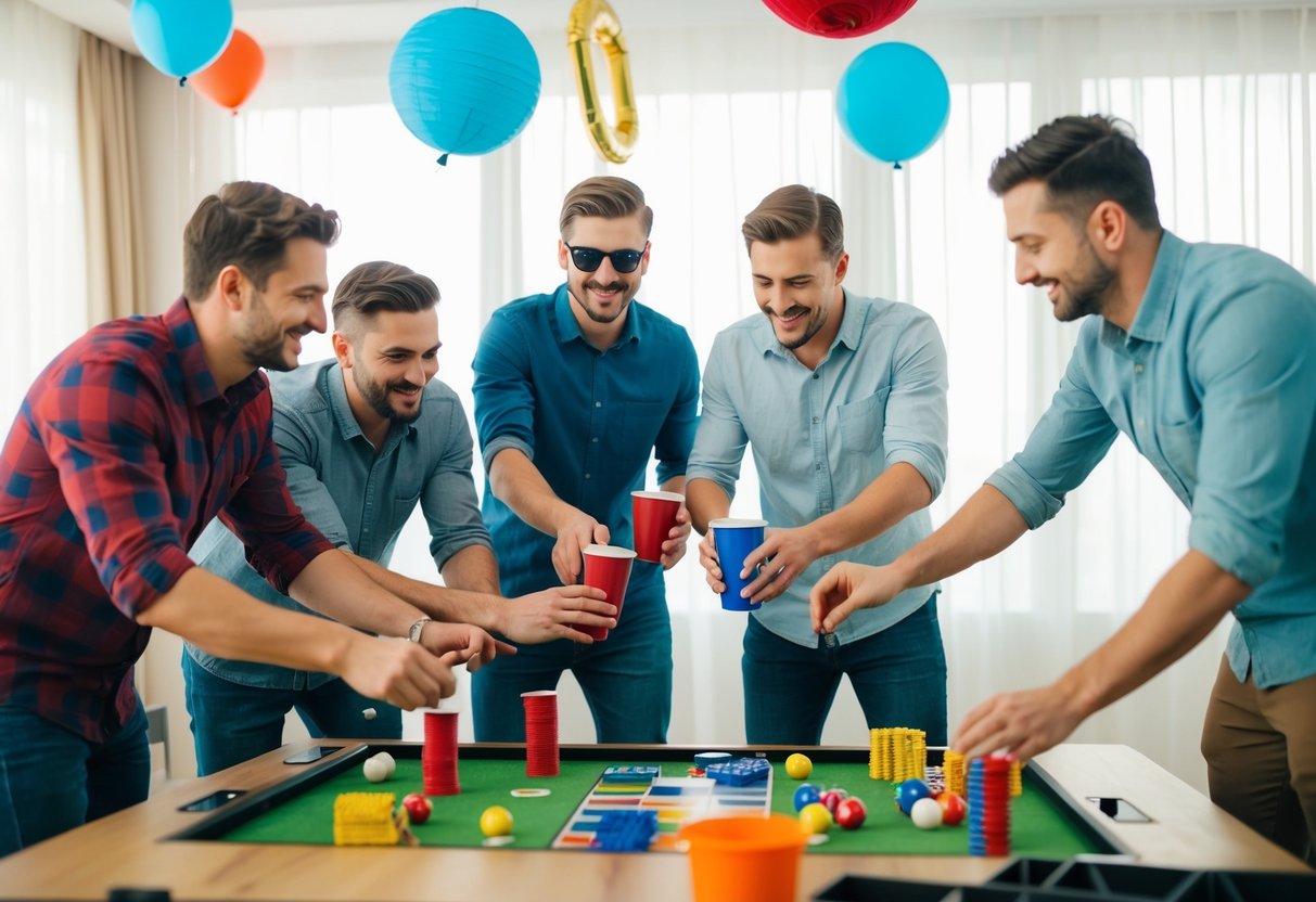 A group of male friends setting up a bachelor party with decorations and games