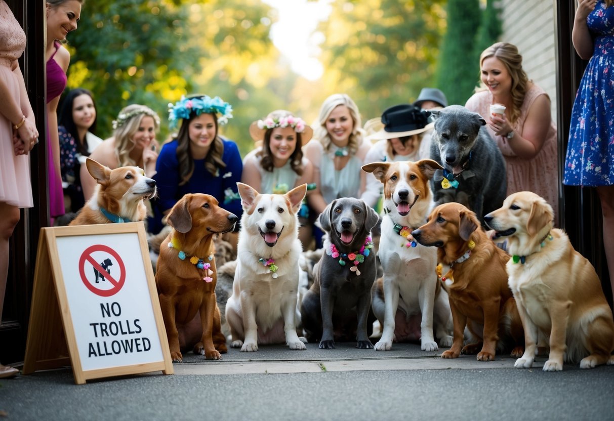A group of animals gathering for a bridal shower, with a sign indicating "No Trolls Allowed" at the entrance