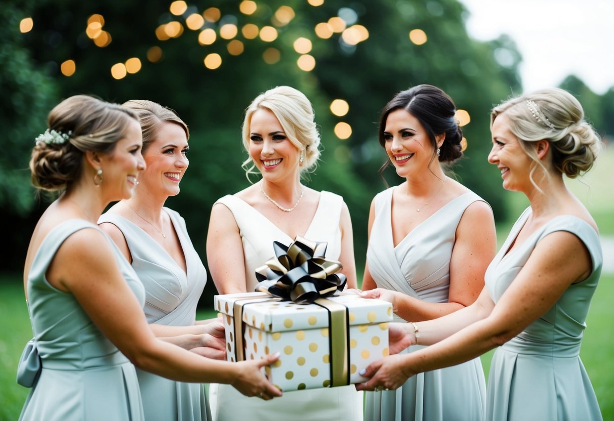 Bridesmaids presenting a beautifully wrapped gift to the newlyweds