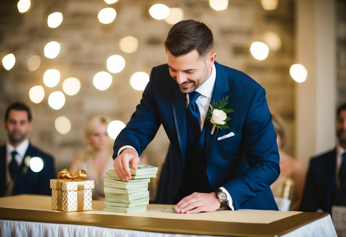 A best man placing a stack of cash and a gift on a ceremonial table
