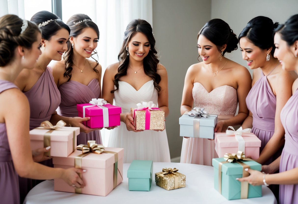 A group of bridesmaids gather around a table, each holding a beautifully wrapped gift. They appear to be discussing and comparing their presents