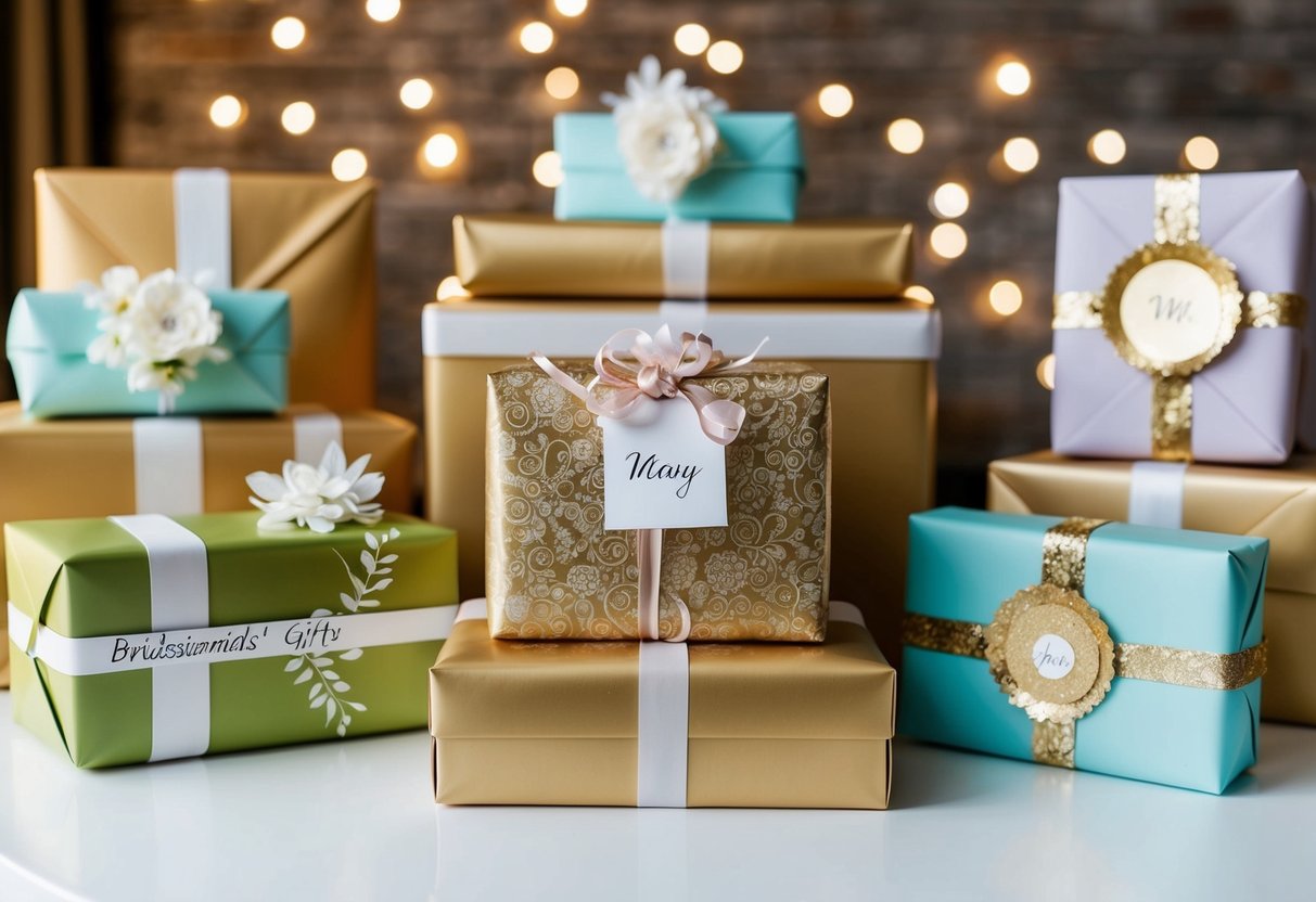 A group of beautifully wrapped gifts arranged on a table, each with a unique and personalized touch, ready to be given as bridesmaids' wedding gifts