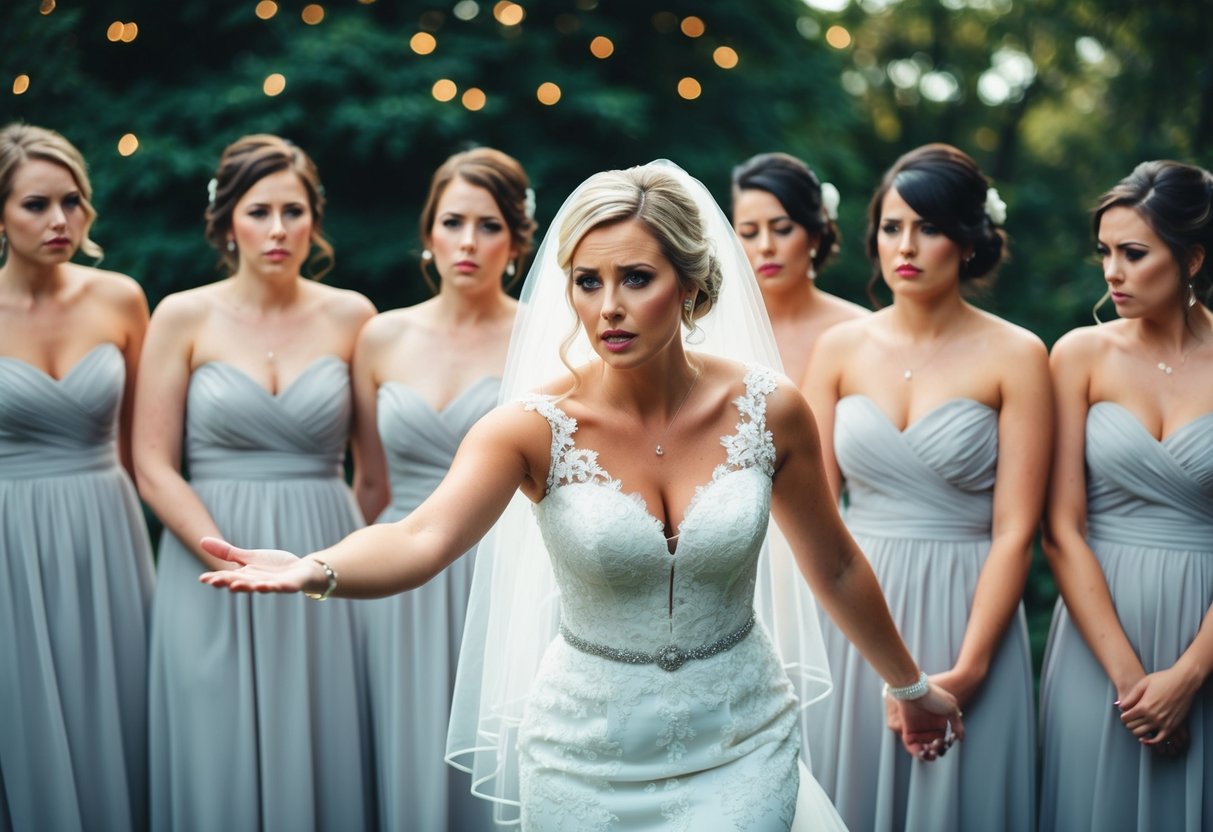 A bride holding out her hand, while her bridesmaids look uncomfortable and hesitant