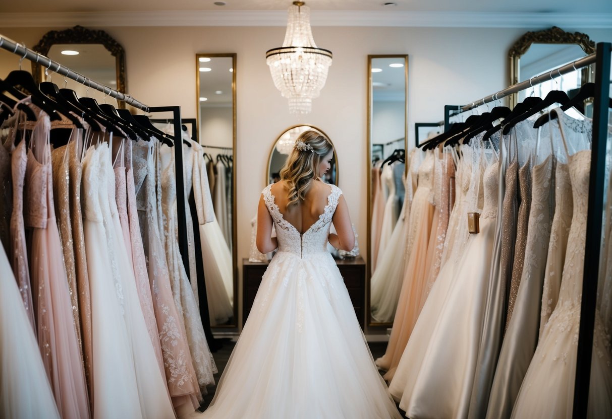 A bride-to-be browsing through racks of wedding dresses in a boutique, surrounded by elegant gowns and mirrors