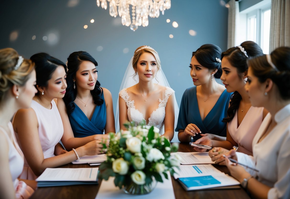 A group of bridesmaids gather around a table with a bride-to-be, discussing finances and looking concerned