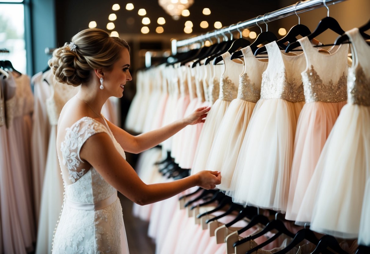 A bride browsing through a rack of flower girl dresses at a boutique