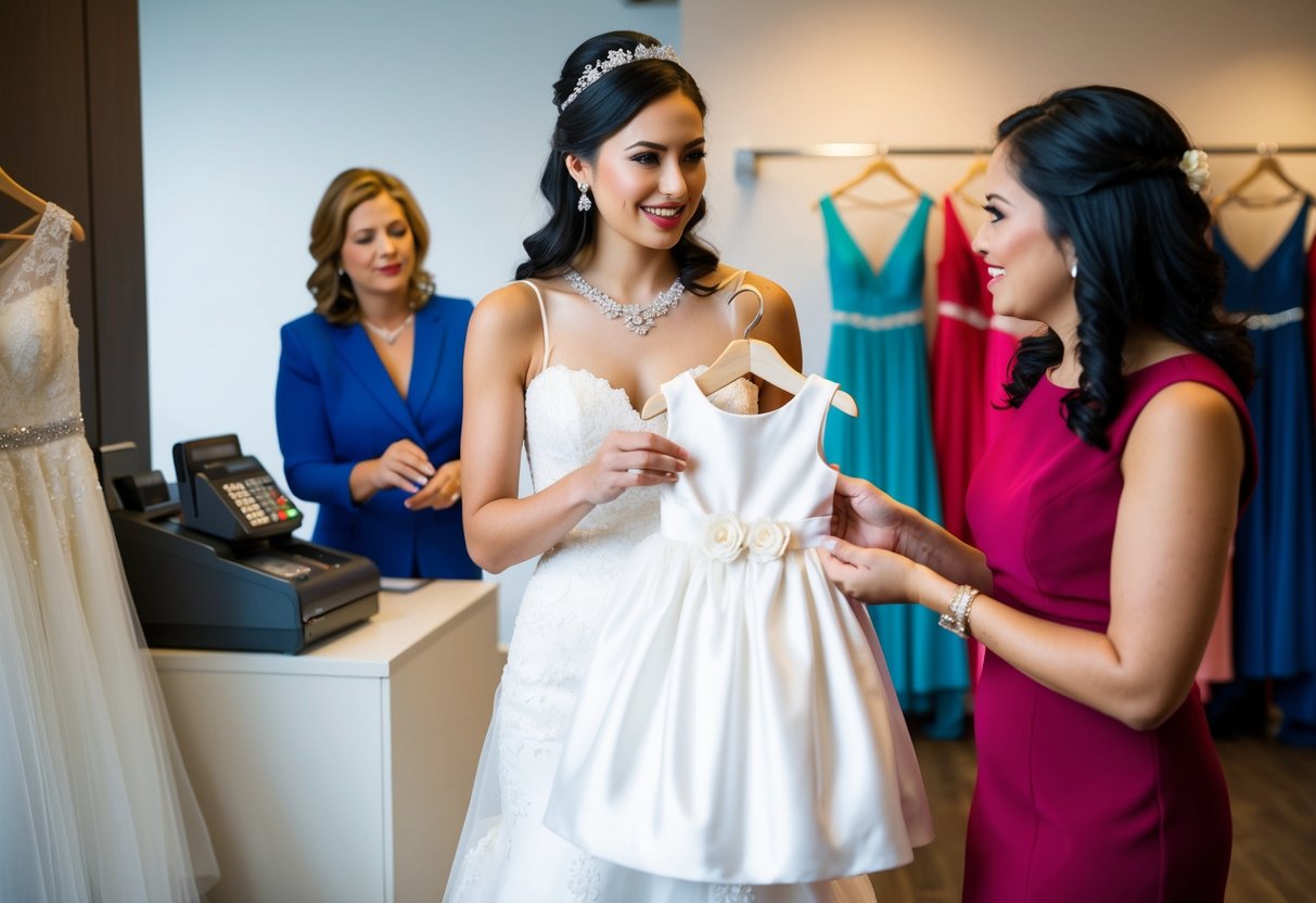 A bride holding a flower girl dress while discussing with a woman. A cash register and various dresses are visible in the background