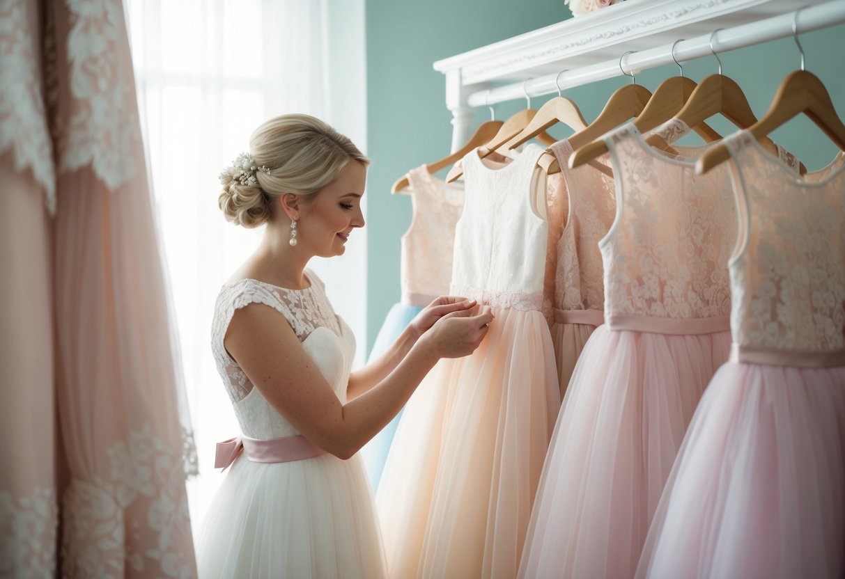 A bride carefully selects a delicate flower girl dress from a rack of beautiful options, surrounded by soft pastel colors and elegant lace details