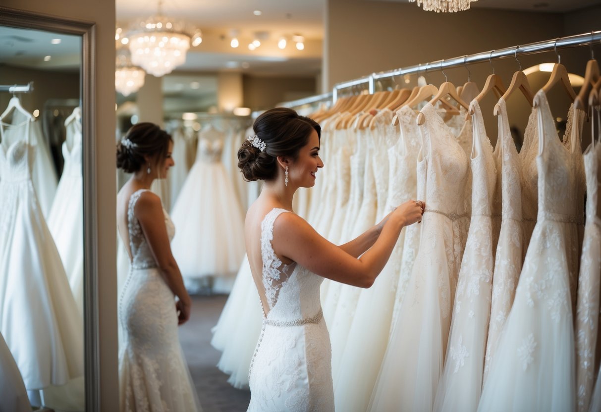 A bride-to-be browsing through racks of wedding dresses in a boutique, surrounded by mirrors and soft lighting