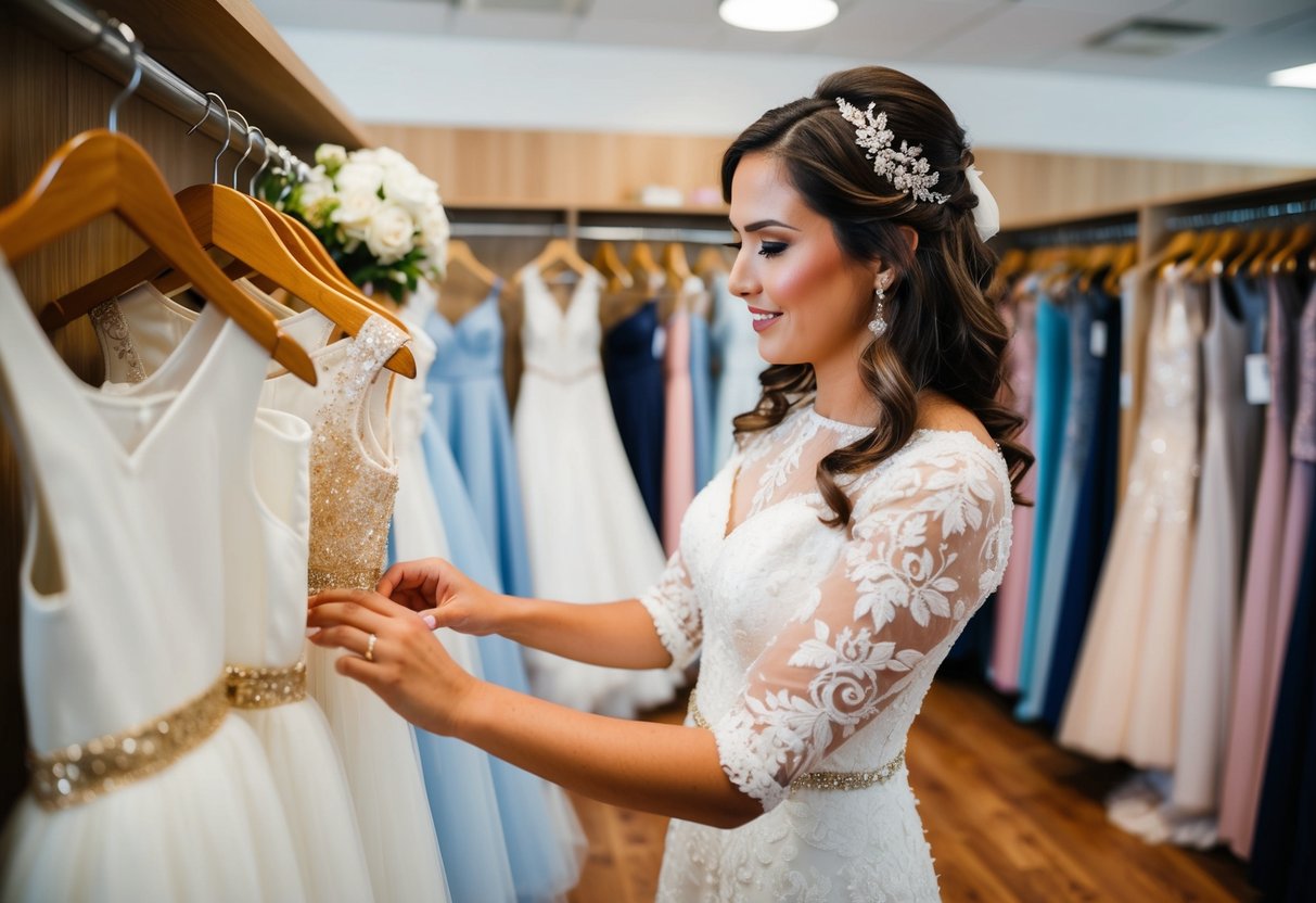A bride browsing through a selection of flower girl dresses in a boutique