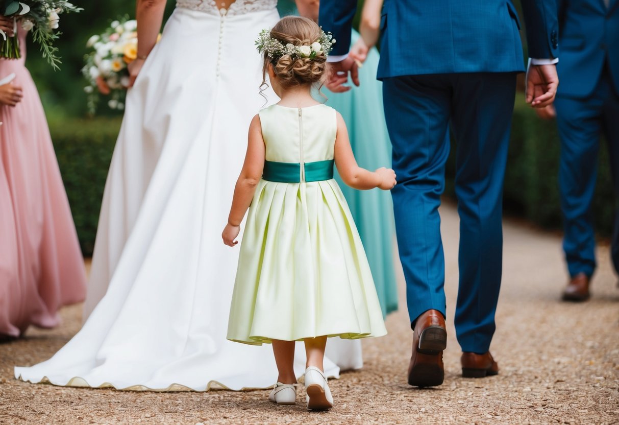 A flower girl in a matching color dress walks behind a bride