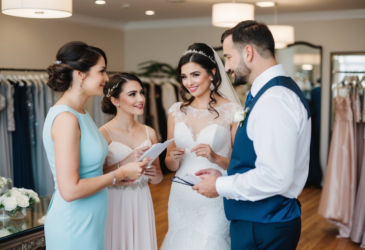 A bride and her family discussing wedding expenses with a dress shop owner