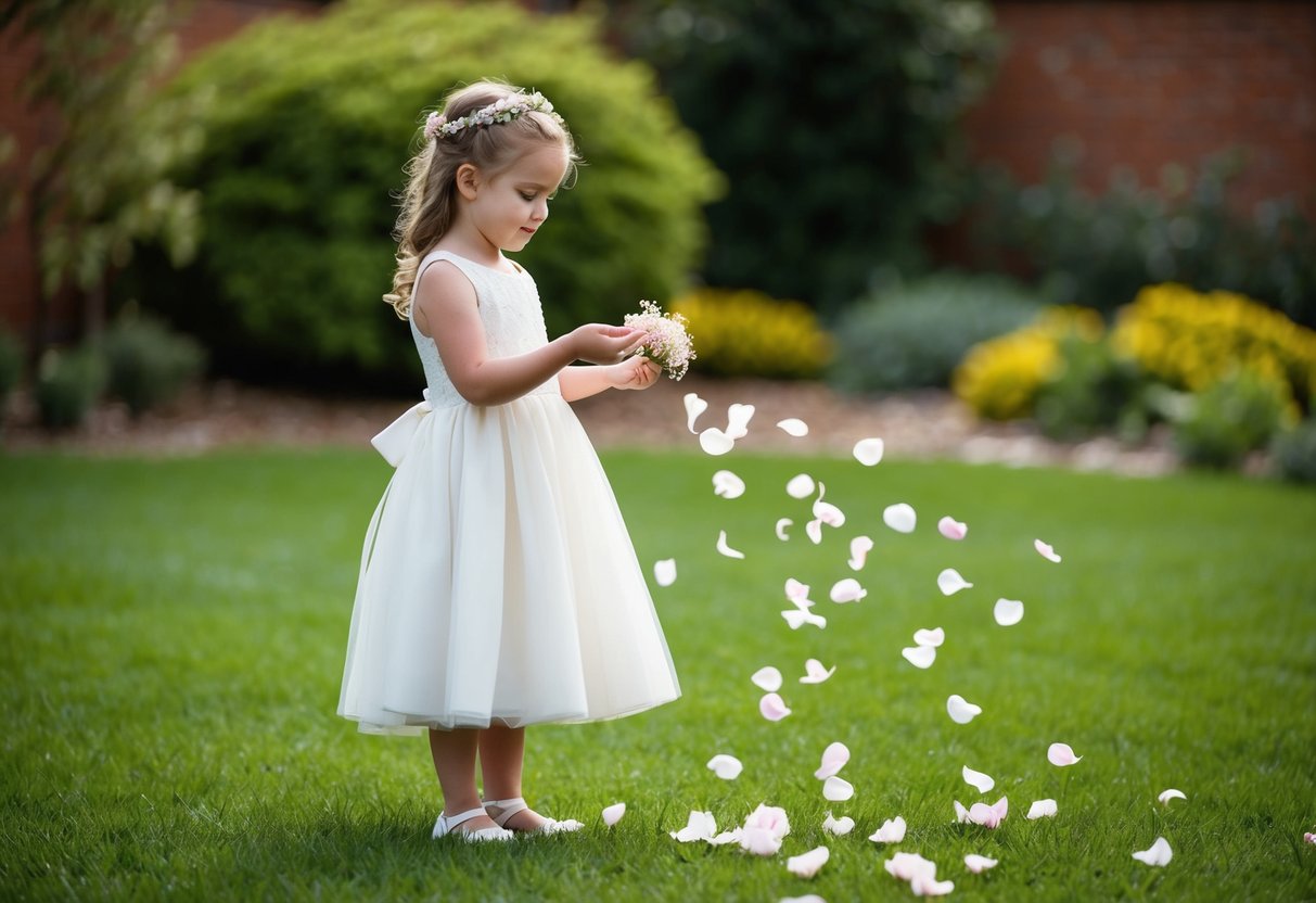 A flower girl stands in a garden, scattering petals in the same color as the bride's gown