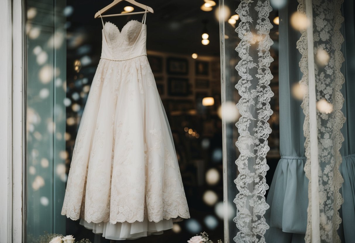 A dusty wedding dress hangs in a vintage shop window, surrounded by delicate lace and faded memories