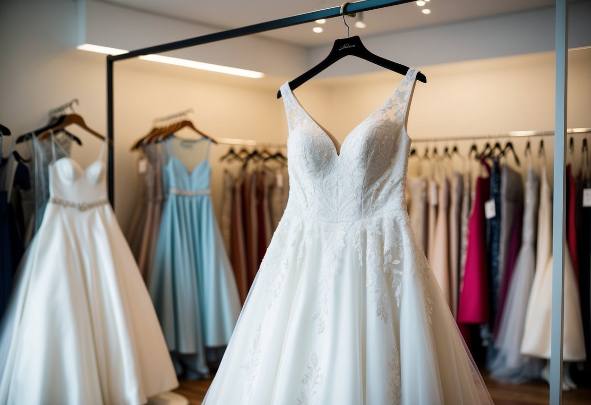 A vintage wedding dress displayed on a hanger, surrounded by other elegant gowns in a boutique setting